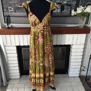 Women’s Maxi Long Dress Sleeveless Ruffle Greem Red Beige Medium Stretch Boho